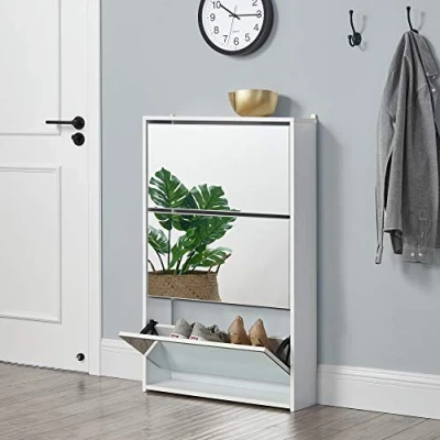 Image de [en.casa] Étagère à Chaussures Design Meuble de Rangement 3 Compartiments Stockage pour 9 Paires Façade Miroir Panneaux Particules Mélaminés 102,5 x 63 17 cm Blanc