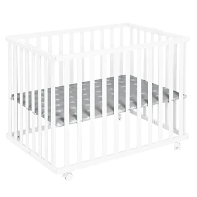 Image de roba Parc Bébé Pliable en Bois 74 x 100 cm + Tapis de Little Stars toilé Gris Évolutif et Peu Encombrant Hauteur Ajustable 2 Fois 4 Roulettes à Freins Laqué Blanc