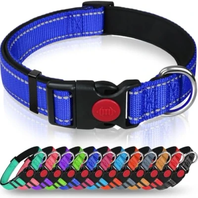 Image de Taglory Collier pour Chien, en Nylon Réfléchissant Réglable Classique avec Rembourré Doux Respirant Mesh Moyens Chiens, M, Bleu Foncé