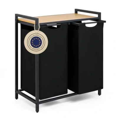 Image de Blumtal panier a linge 2 compartiment paniere sale compartiments meuble de salle bain avec effet bambou étagère en métal bac deux sections cadre métallique sur pieds noir