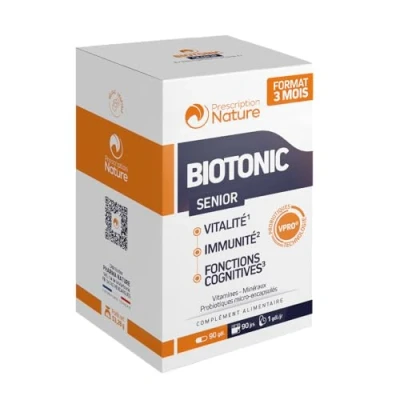 Image de Prescription Nature BIOTONIC SENIOR Complément Alimentaire Fatigue, Système Nerveux, Fonctions Cognitives Vitamines A, B, C, D, E, Zinc, Probiotiques Fabrication Française 90 Gélules