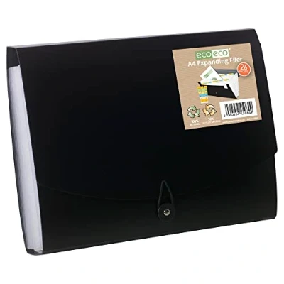 Image de eco eco084 Organiseur de documents extensible en accordéon 50% recyclé avec 26 pochettes transparentes Noir Format A4