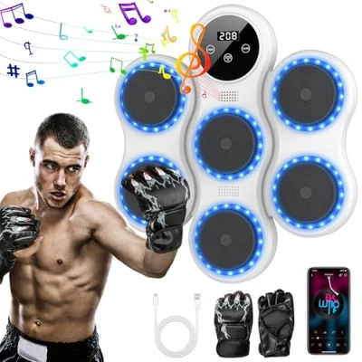 Image de Machine de Boxe Musicale, Mural Musique avec Gants Boxe, 9 Modes Vitesse, Prise en Charge Bluetooth, Music Boxing pour Adultes et Enfants Exercice/Boxing Training (Blanc)