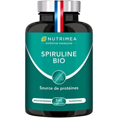 Image de Spiruline BIO Sans Excipients &amp; OGM 19% de Phycocyanine Riche en Protéines, Fer Antioxydants Nutrimea 540 Comprimés Vegan 500 mg 6 Mois Cure Fabriqué France