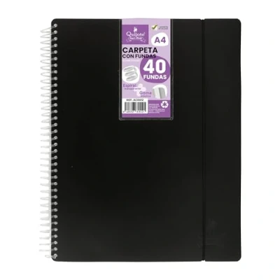 Image de Starplast Quijote Paper World Classeur à spirale flexible avec 40 pochettes, transparent lisse, A4, couverture en plastique résistant, usage bureau, école, personnel Couleur : noir. AC0012