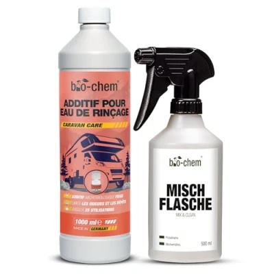 Image de Bio Chem Additif sanitaire pour eau de rinçage 1L + flacon mélangeur Nouvelle formule avec microorganismes produit wc nettoyant toilettes sèches camping et car