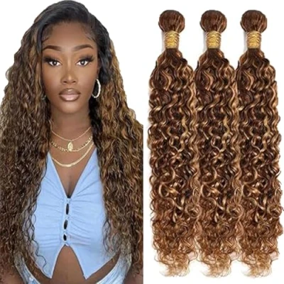 Image de Tuheerst Water Wave Human Hair Bundles Blonde Cheveux Humain Extensions Tissage 3 Bündel Sew in Bundle P427 Highlight Double Weft Remy 14 Pouce