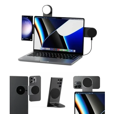 Image de Rolling Square Edge Pro Full Kit Support Telephone Magnetique pour Ordinateur Portable, Set avec Portable Wireless Charger, Chargeur Induction et Lumiere 1000 Lumen, Gris