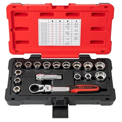 Image de KS Tools 922.4040 Coffret de douilles traversantes 3/8&#039;&#039; + 1/2&#039;&#039; 10 à 24 mm Gamme TRIPLEplus® Entraînement 19 mâle Finition chromée satinée 17 pièces
