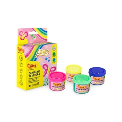 Image de Jovi Gouache Pailletée, Étui de 4 Bouteilles 35ml, Peinture A Base d&#039;ingrédients naturels, Facile à Laver, sans Gluten, Idéal pour l&#039;école (518)