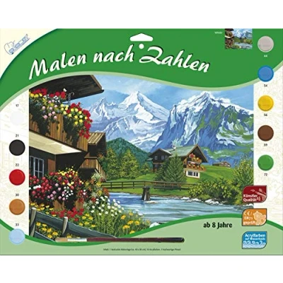 Image de Mammut 109030 kit de Peinture par numéros avec Motif Paysage, bergidylle, Complet modèle coloriage imprimé au Format A3, 10 peintures acryliques et pinceaux, Grand