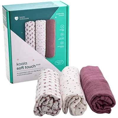 Image de KOALA BABYCARE Langes Coton 80x80cm Paquet de 3 pièces Lange Bébé en pour Allaitement et Emmaillotage (Swaddle) Nouveau né Idéal comme Cadeau