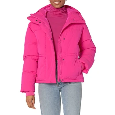 Image de Amazon Essentials Doudoune Courte À Capuche (Disponible en Grande Taille) Femme, Rose Fluo, XS