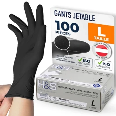 Image de Gants nitrile jetables non poudrés H&amp;S (100 pièces), S Small M Medium L Large XL X Large, sans latex, convient pour aliments, dermophile et bien tolérée les peaux sensibles (noir, L)