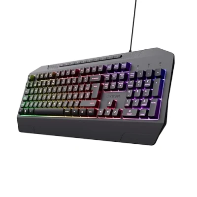 Image de Trust Gaming GXT 836 Evocx Clavier QWERTY Espagnol, 78% Plastique recyclé, Touches à Membrane, éclairage RVB, Anti ghosting, Gamer avec câble USB, PC/Ordinateur Noir