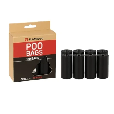 Image de Flamingo Sacs à Déjections Basic Blekz 120 Pièces, Noir, Ultra Pratiques et Résistants, Idéal pour Labrador, Golden Retriever, Beagle Bulldog Français