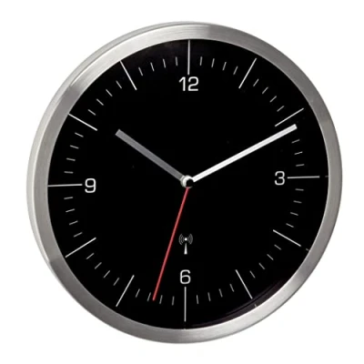 Image de TFA Dostmann Horloge Murale Radio pilotée, 60.3544.01, sans de tic tac, Pendule Murale, analogique, en Verre Acier Inoxydable, Modern, Noir Argent,