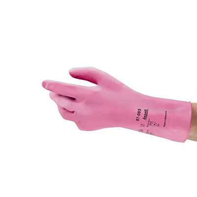 Image de Ansell AlphaTec 87 085 Gants de Travail en Latex, Longs et Réutilisables, Résistance Chimique Contact Alimentaire, Protection Professionnelle Multiusage, Rose, Taille L (12 Paires)