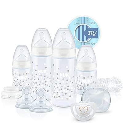 Image de NUK Perfect Start First Choice+ Baby Bottles Set, 0 18 Months, 4 Temperature Control Bottles, Dummy, Bottle Brush &amp; More, BPA Free, 10 Count, White
