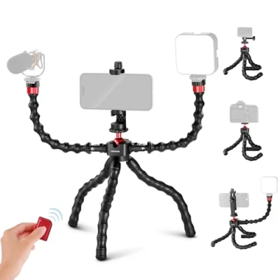 Image de NEEWER T91 Trépied Flexible Deux Bras Magiques, Mini Smartphone Voyage obturateur/Support Action Cam Compatible avec GoPro Hero 13 12 iPhone 16 15 14 Pro Max Sony a7c, Charge maximale 4,4lb