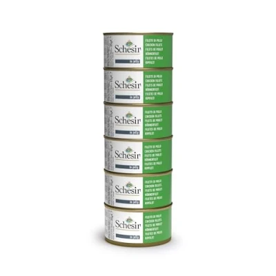 Image de Schesir, Nourriture Humide pour Chats Adultes, Filets de Poulet, en et gélatine 100% Naturelle. Lot 6 canettes x 85 g