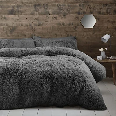 Image de Catherine Lansfield Cuddly, Polyester, Charbon, Parure de lit 2 Personnes