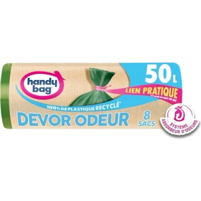 Image de Handy Bag sacs poubelle à Lien Pratique Dévor Odeur 50L x 8 Système absorbeur d&#039;odeurs Ultra Résistant Étanchéité maximale attaché en haut du sac 80% plastique recyclé