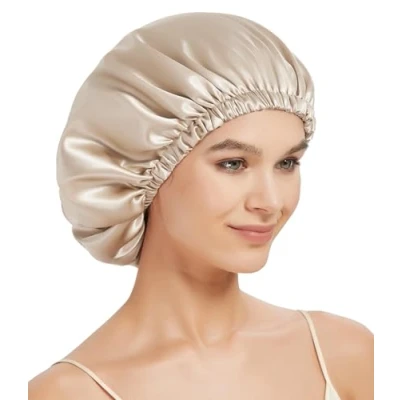 Image de Bonnet de Nuit 22 Momme en 100% Soie Mûrier pour Dormir, Double Cheveux Bouclés, Sommeil Pure Soie, Réversible et Ajustable (FR/ES, Alpha/lettres, Taille unique, Champagne)