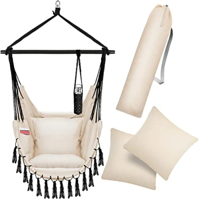Image de KESSER® Fauteuil Suspendu avec 2 Coussins, Porte gobelet et Rangement pour Livres Safari XXL Adultes Enfants Hamac d&#039;une Charge Maximum de 150 kg Beige