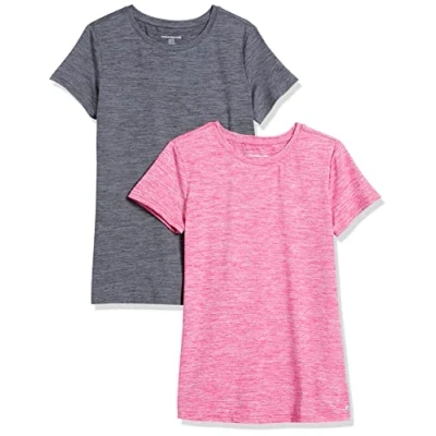 Image de Amazon Essentials T shirt à manches courtes et col rond Tech Stretch (disponible en Grande taille) Femme, Lot de 2, Framboise Teinture Spatiale/Gris Foncé Spatiale, 5XL taille