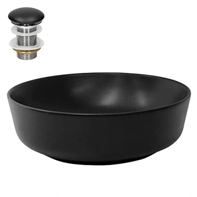 Image de ML Design Lavabo en Céramique Noir Mat Ø 415x135 cm avec Garniture de Vidage 1 1/4&quot; Universelle, Ronde, Vasque á Poser Moderne, Évier Lave Mains pour Salle Bain, Toilettes et WC Invités