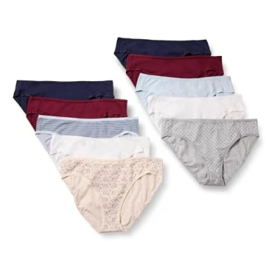Image de Amazon Essentials Bas de Bikini en Coton (Grandes Tailles Disponibles) Femme, Lot 10, Motif Liberty/Multicolore/Points/Rayures, 38