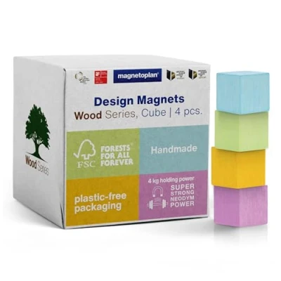 Image de magnetoplan Design Magnets Wood Series Cube, 4 pièces, aimants premium en bois dans couleurs pastel, rectangulaires, certifiés FSC