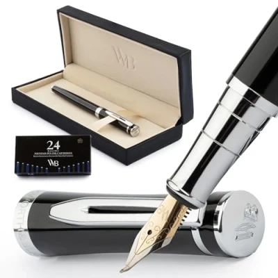 Image de Wordsworth &amp; Black Ensemble Stylo Plume, Pointe Courbée, Comprend 24 Cartouches D&#039;encre, Convertisseur De Recharge D&#039;encre Et Coffret Cadeau, Finition Chromée, Calligraphie [Chrome Noir]