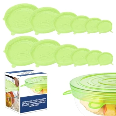 Image de Couvercle silicone alimentaire 12 pieces Reutilisable Sans BPA et ecologique Resistant aux hautes basses temperatures Resiste au lave vaisselle Compatible avec tous les types de recipients
