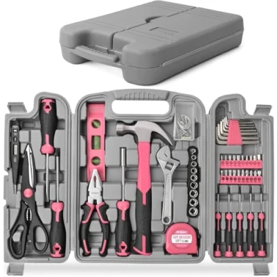 Image de Hi Spec Boite a Outils Complete Rose 56 Pièces Ensemble d&#039;Outils avec de Rangement Marteau,Ciseaux,Tournevis,Clés Allen et Kit pour Usage Domestique ou du Travail