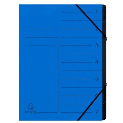 Image de Exacompta Réf. 540702E Carton de 10 trieurs dos agrafé avec élastiques couverture imprimée en carte lustrée et intérieur recyclée noire 7 compartiments 24,5x 32 cm A4 bleu