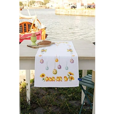 Image de Vervaco De Point Croix Compté Chemin Table POUSSIN Broderie Kit Complet Adulte Loisir Créatif Maison Decoration Manuelle Cadeou DIY ca. 32 x 84 cmCross Stitch
