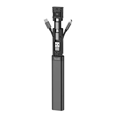 Image de Budi 9 en 1 Essential Travel Charging &amp; Data Sync Cable Stick Adapter Set For Smart Phone TF Card Storage Tough Alloy Stand Black