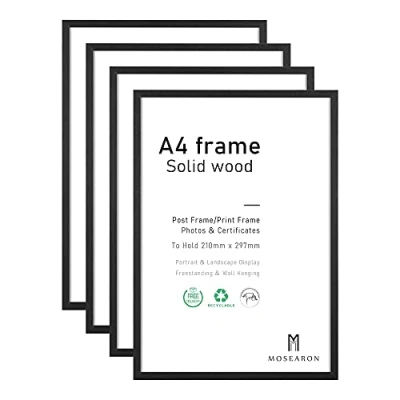 Image de Lot de 4 cadres photo A4, en bois, pour certificat ou photo, accrocher au mur poser sur une table, 21 x 30 cm, noirs