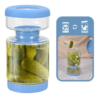 Image de pot à cornichons et olives, 800 ml, en sablier réversible hermétique avec passoire,pot cornichon retournable, adapté pour mariner les concombres, cornichons, olives