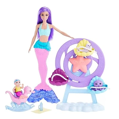 Image de Barbie Coffret Dreamtopia Babysitting au Fond de l’Océan, avec poupée sirène Cheveux Violets, Queue Rose et Violette Accessoires, Jouet Enfant, Dès 3 Ans, HLC30