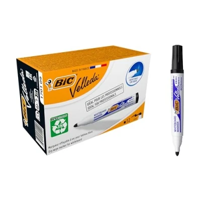 Image de BIC Velleda 1701 ECOlutions Feutres pour Tableau Blanc Effaçables à Sec (Parfait l&#039;Ecole et au Bureau / Pointe Conique Large) Noir, Boîte de 12