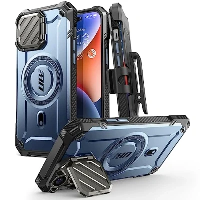 Image de SUPCASE Coque pour iPhone 14 Pro Max/iPhone 13 Max avec Protection Caméra [MagSafe Compatible] [UB Mag XT] Intégrale Robuste Antichoc Béquille &amp; Clip Ceinture (Bleu)
