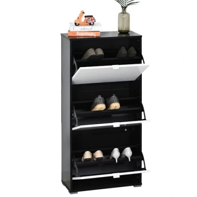 Image de HOMCOM Meuble à Chaussures 3 Portes abattantes Compartiments MDF Noir Blanc laqué