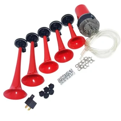 Image de YIYIDA Klaxon à air Trompette de voiture 12V Horn musicale 165db Corne d&#039;alarme Cinq tubes Dixie rouge étanche avec pompe haut parleur Car pour bateau camion etc