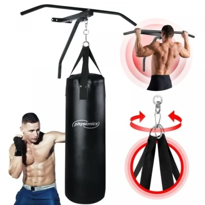 Image de Physionics® Sac de Frappe avec Barre Traction Rempli Sac, : 19kg, (ØxH) 28x83cm, 4 Bandes Solides, en Acier, 82 cm Largeur, Fixation Murale Pull Up Bar, Support pour Boxe