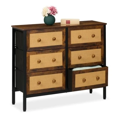 Image de Relaxdays Commode à 6 tiroirs, Aspect rotin, pour Chambre, Couloir, Salon, HLP : 83x100x32 cm, métal, Marron/Noir