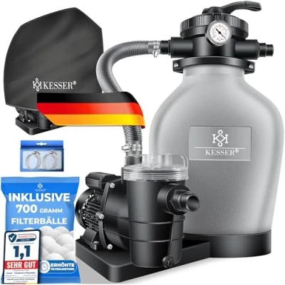 Image de KESSER® Système de Filtre à Sable + 700 g Billes filtrantes remplacent 25 kg vanne 7 Voies avec indicateur Pression Piscine 10 mġ/h cuve (Gris)