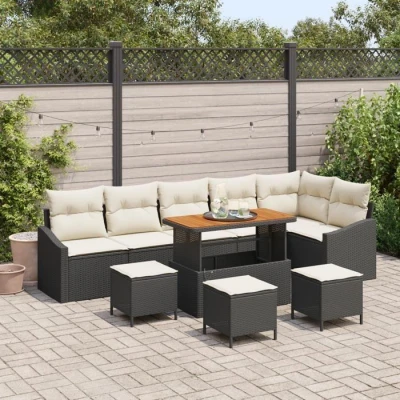 Image de Ensemble de Sofa jardin 10 pièces avec coussins en poly rotin noir acacia, 2 places rangement 3364630